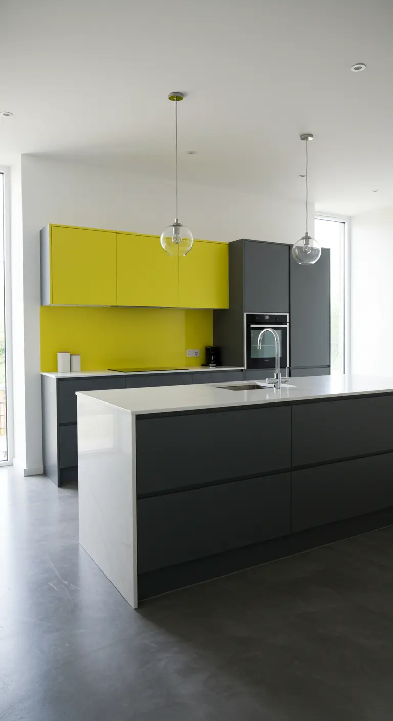 Moderne keuken met gele bovenkasten en spatwand, en donkergrijze onderkasten en kookeiland.