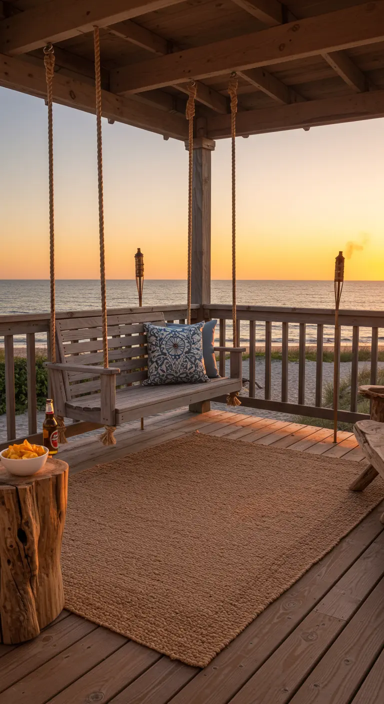 Houten schommelbank aan touwen op een veranda met uitzicht op zee bij zonsondergang.