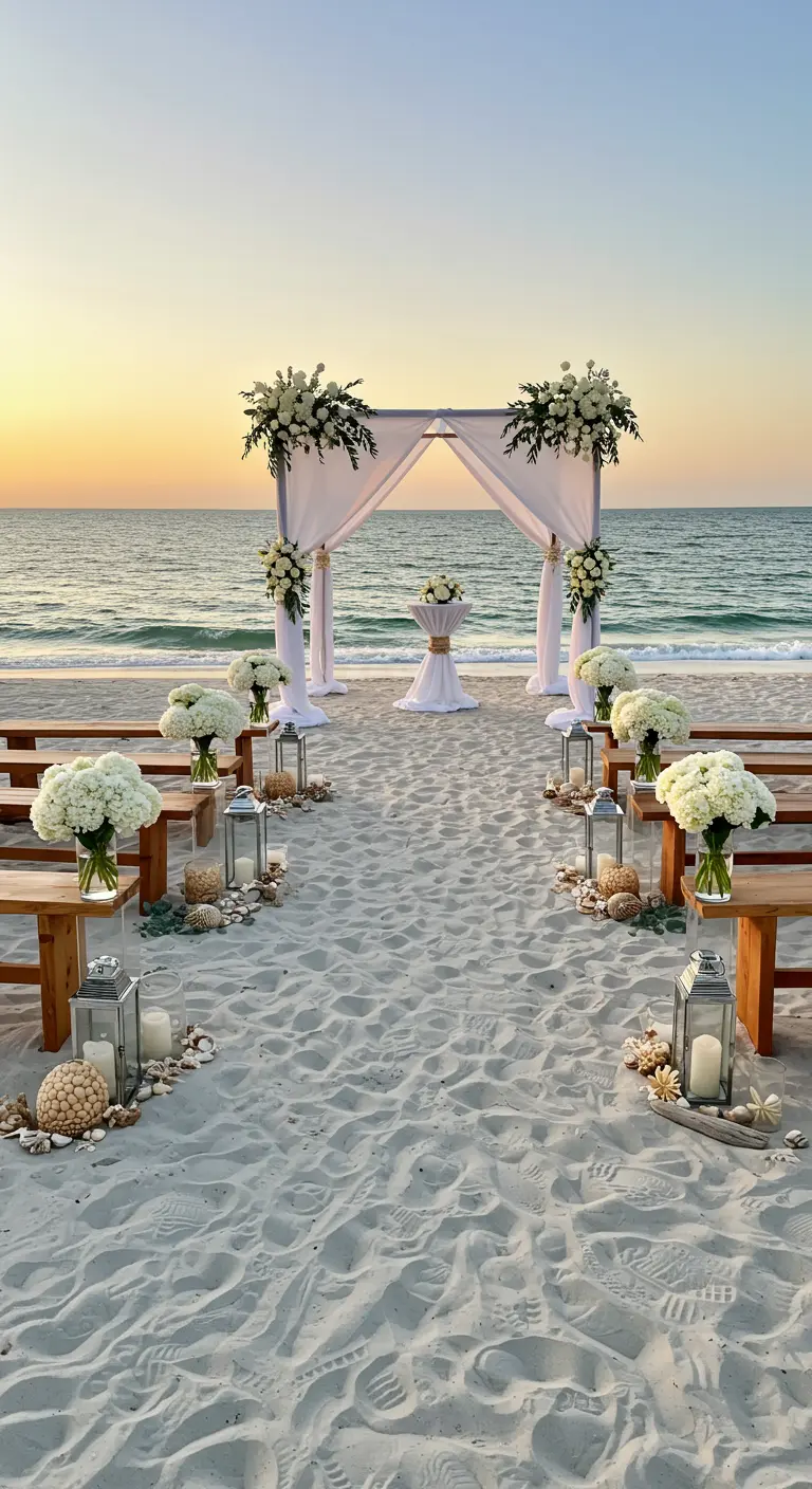 Strandbruiloft met witte bloemenboog, houten banken, lantaarns en schelpen decor.