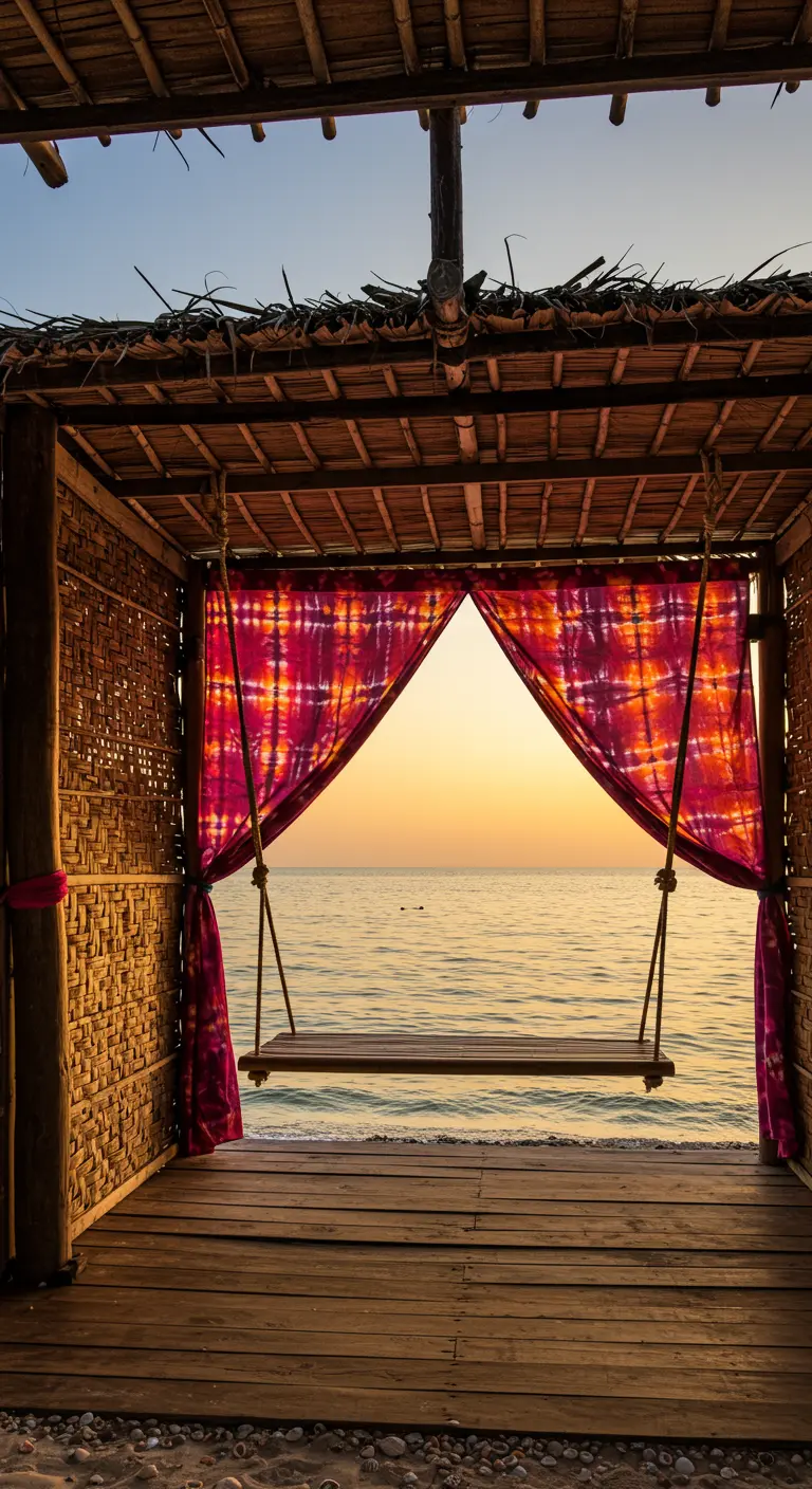 Houten schommel in een bamboe cabana met roze tie-dye gordijnen, gericht op de zonsondergang boven zee.
