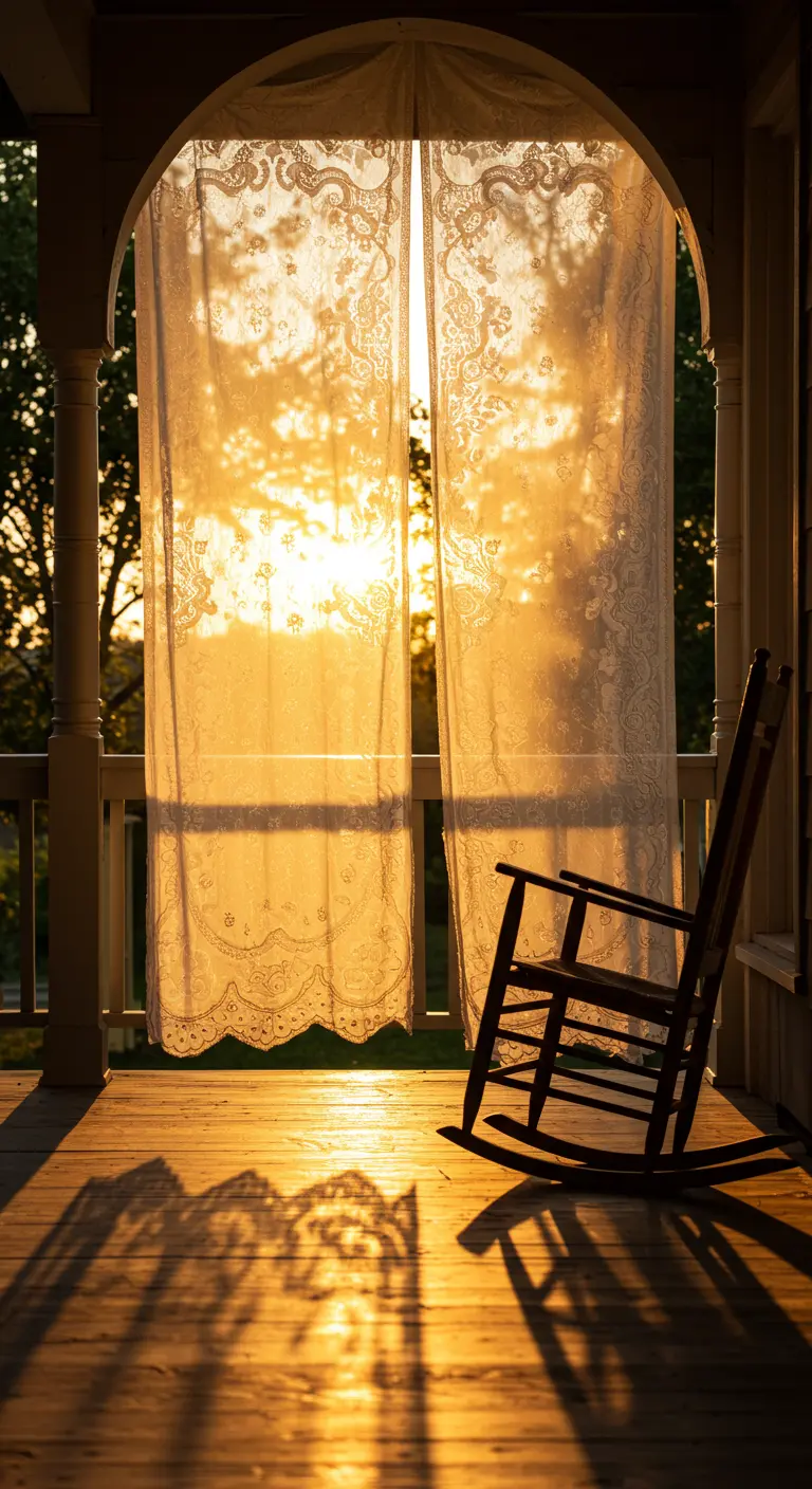 Een veranda met een schommelstoel, waar kanten gordijnen het gouden licht van de zonsondergang filteren.
