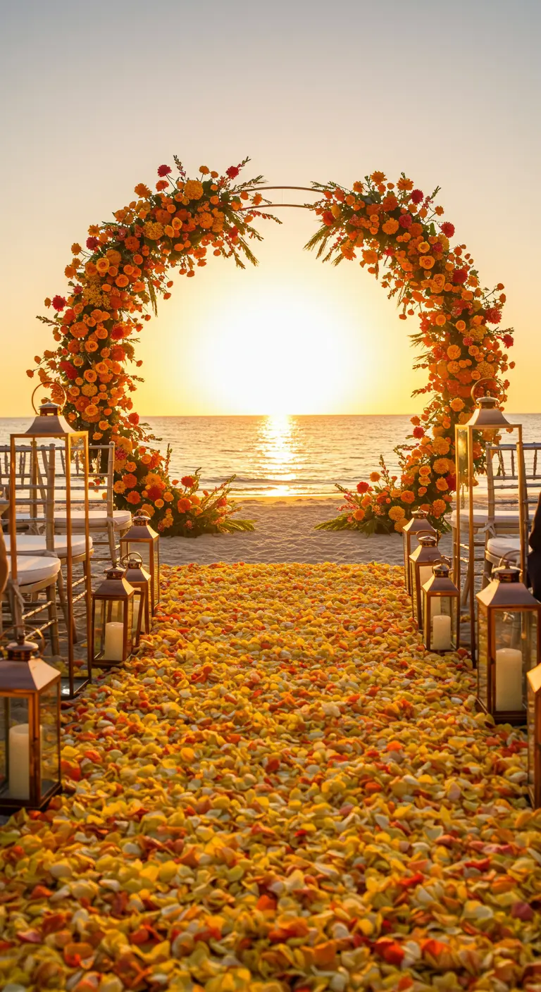 Volledig met oranje en gele bloemen bedekte trouwboog en loper op het strand.
