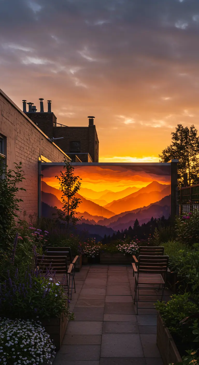 Terras met een muurschildering van een berglandschap tijdens een oranje zonsondergang