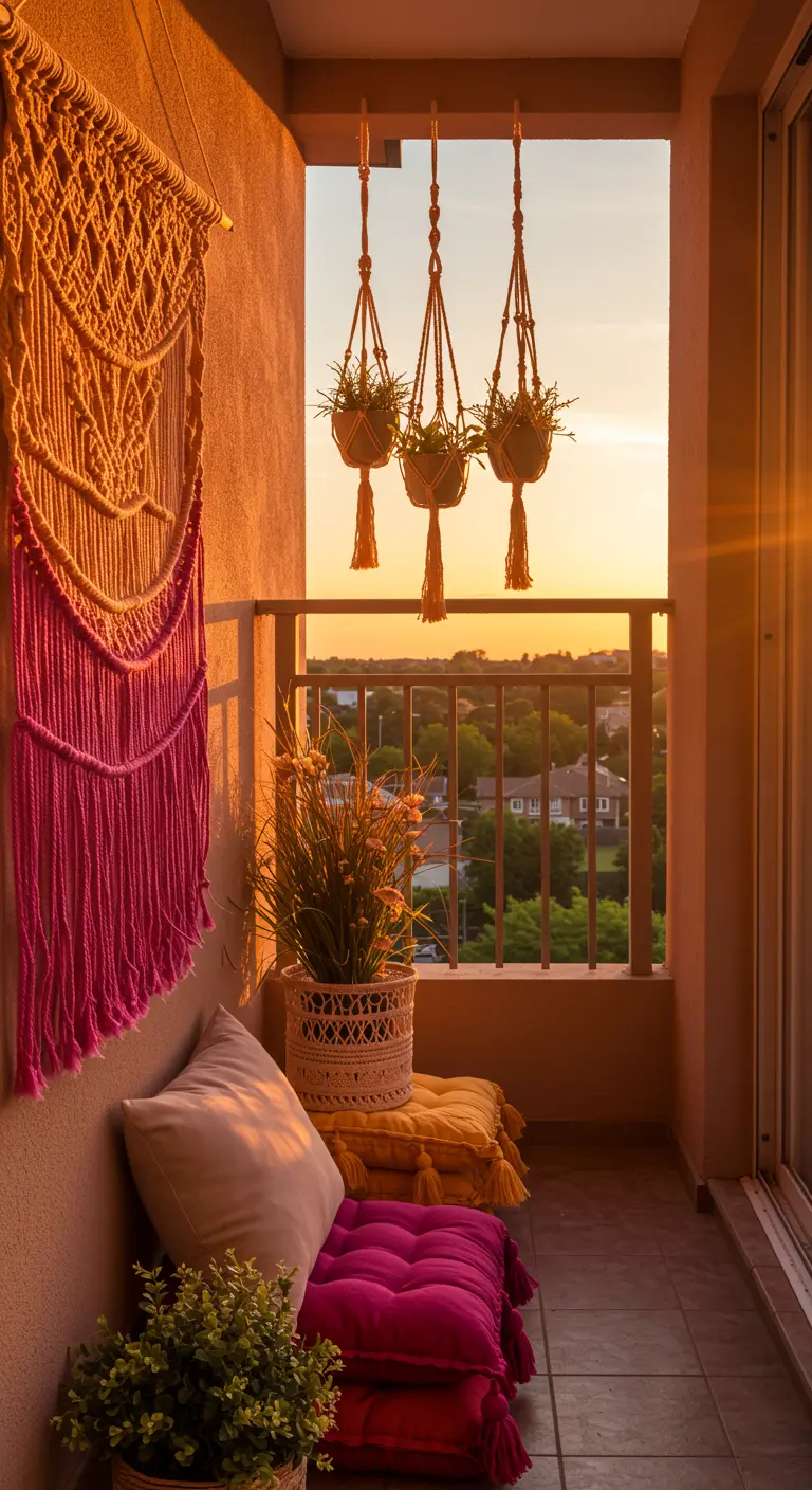 Kleurrijk balkon met een roze-oranje macramé wandkleed en felgekleurde kussens.