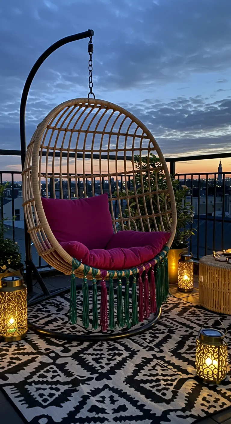 Rotan eierstoel met fuchsia kussen en groene franjes op dakterras bij zonsondergang.