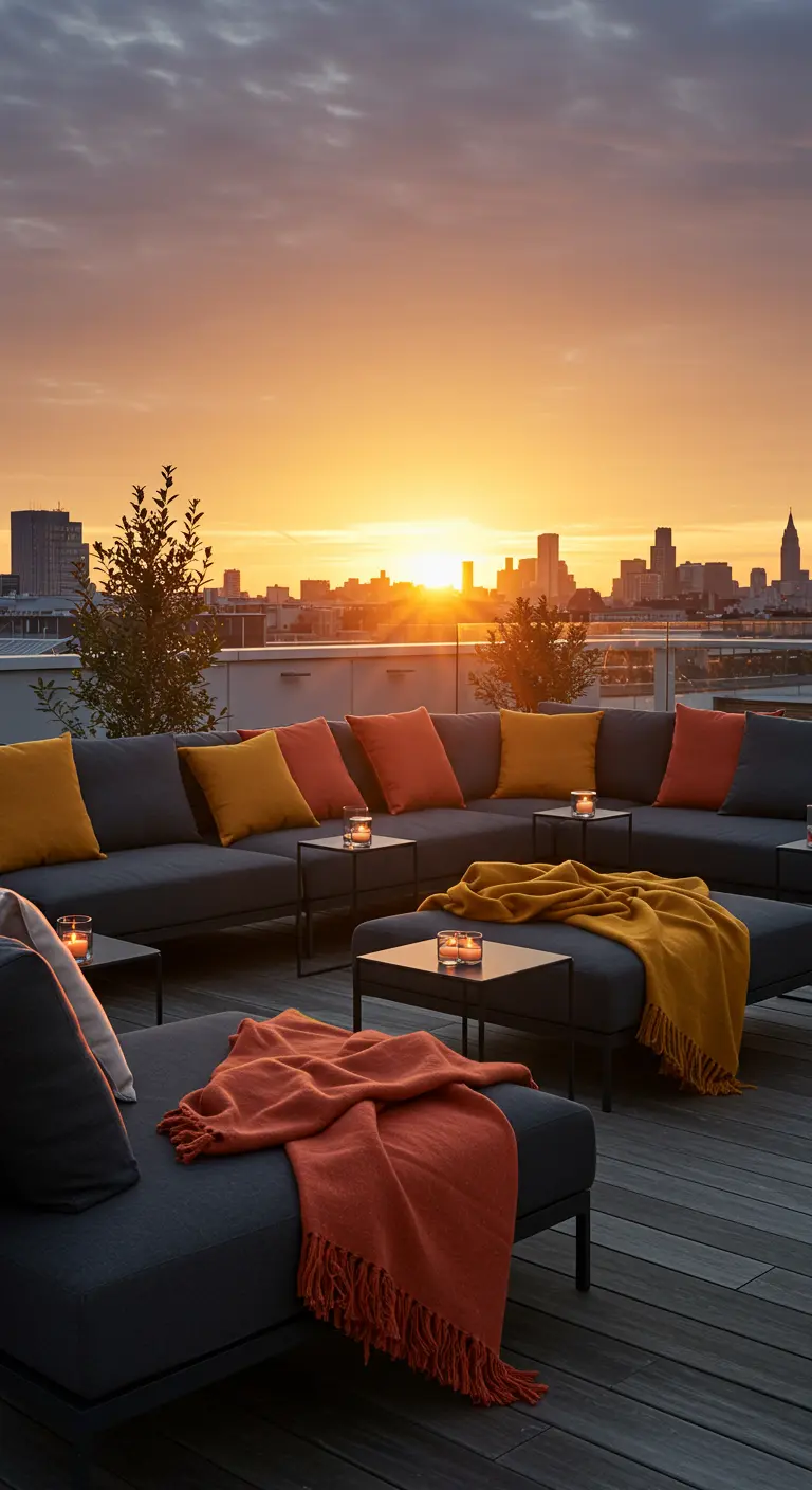 Dakterras met loungebank en kussens in oranje en gele tinten.