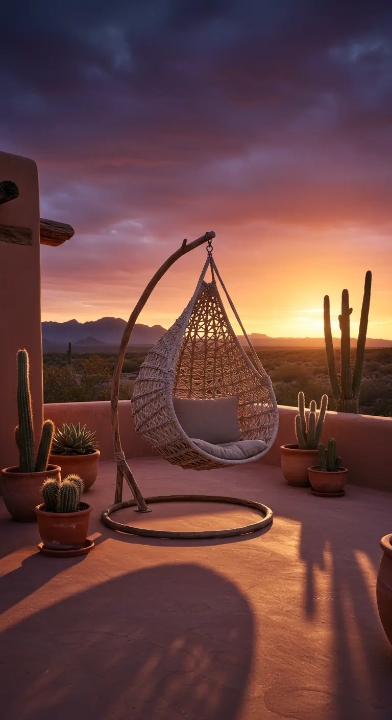 Lichte hangstoel met standaard op een terracotta terras met cactussen bij zonsondergang.