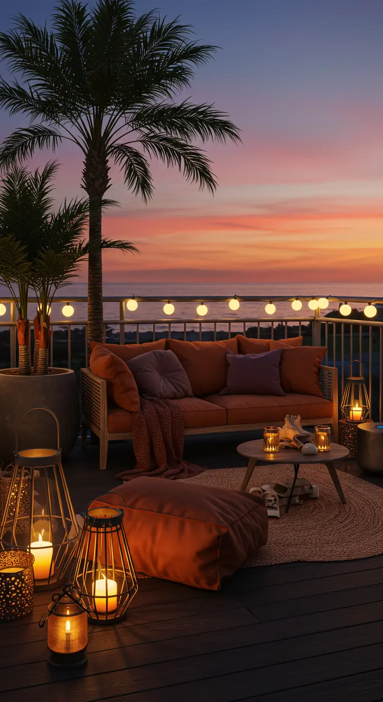 Balkon met oranje buitenbank, palmboom, oriëntaalse lantaarns en uitzicht op zonsondergang over zee.