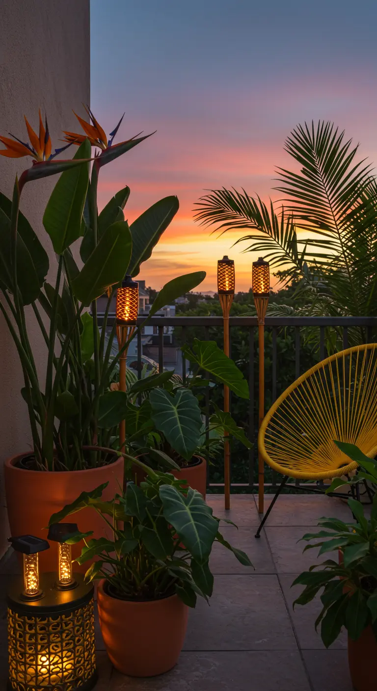 Tropisch balkon met grote planten, een gele stoel en fakkels bij zonsondergang.