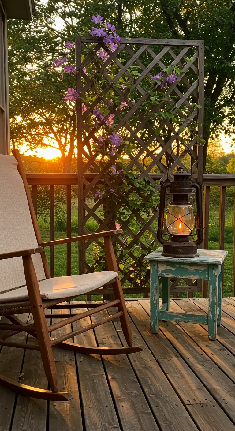 Houten schommelstoel op een veranda bij zonsondergang, met een oude lantaarn.