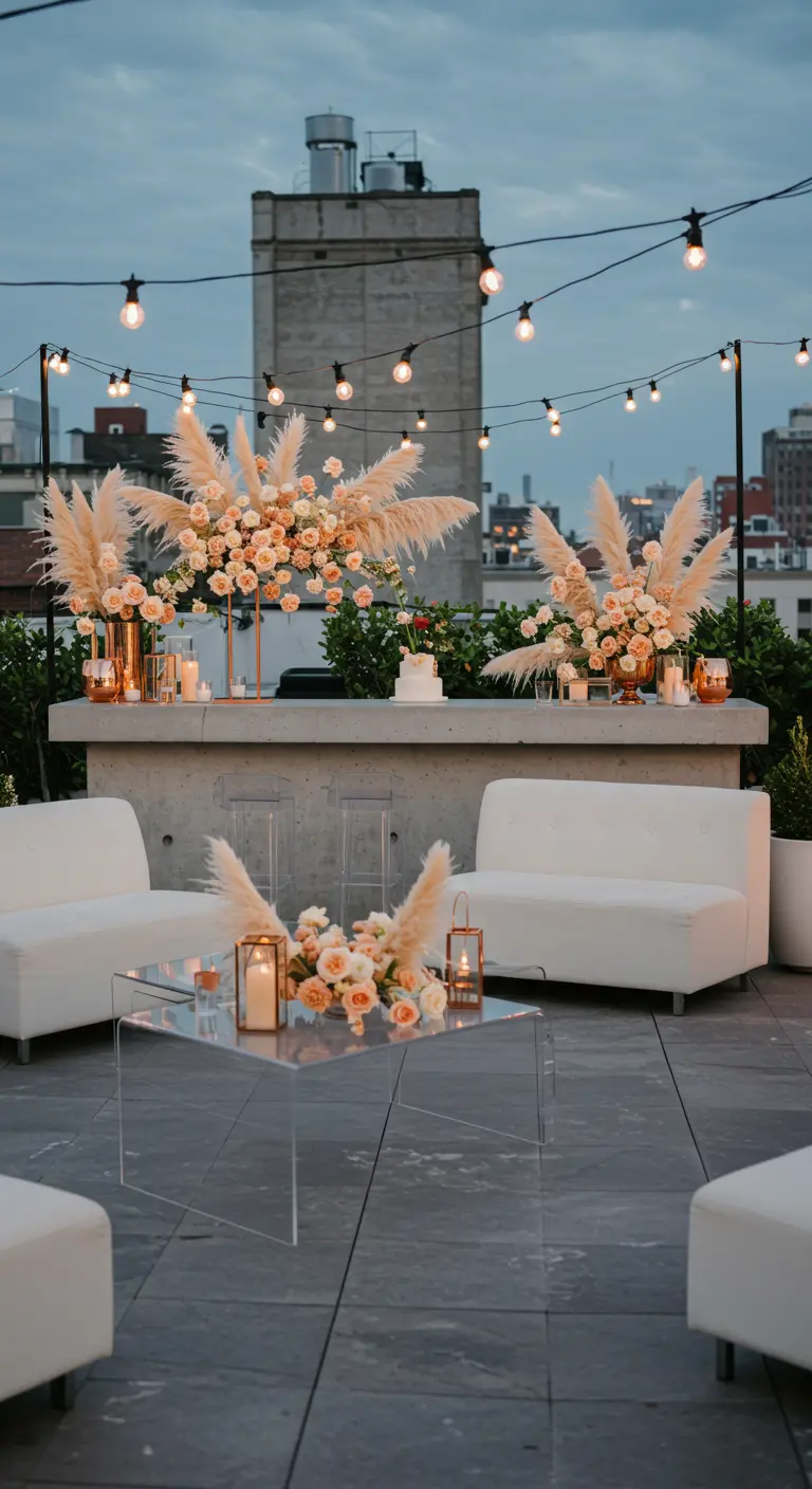 Dakterras met loungebanken, pampasgras, perzikrozen en sfeervolle lichtslingers.