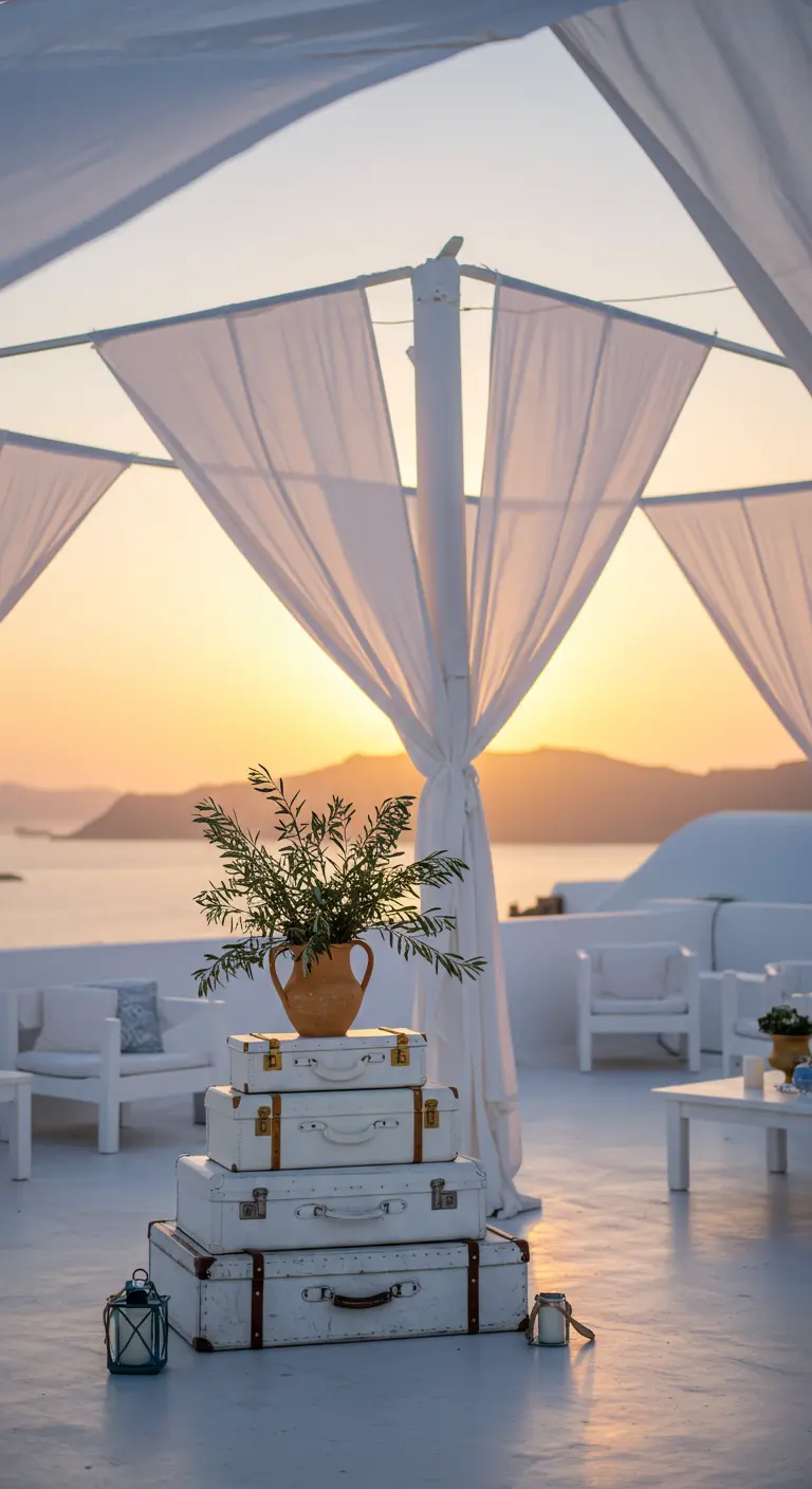 Witte koffers met olijftakken op een wit terras met uitzicht op zee.