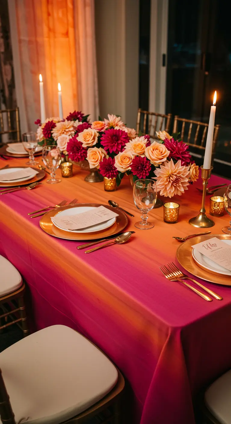 Lange tafel met een kleurrijk tafelkleed in roze en oranje tinten.