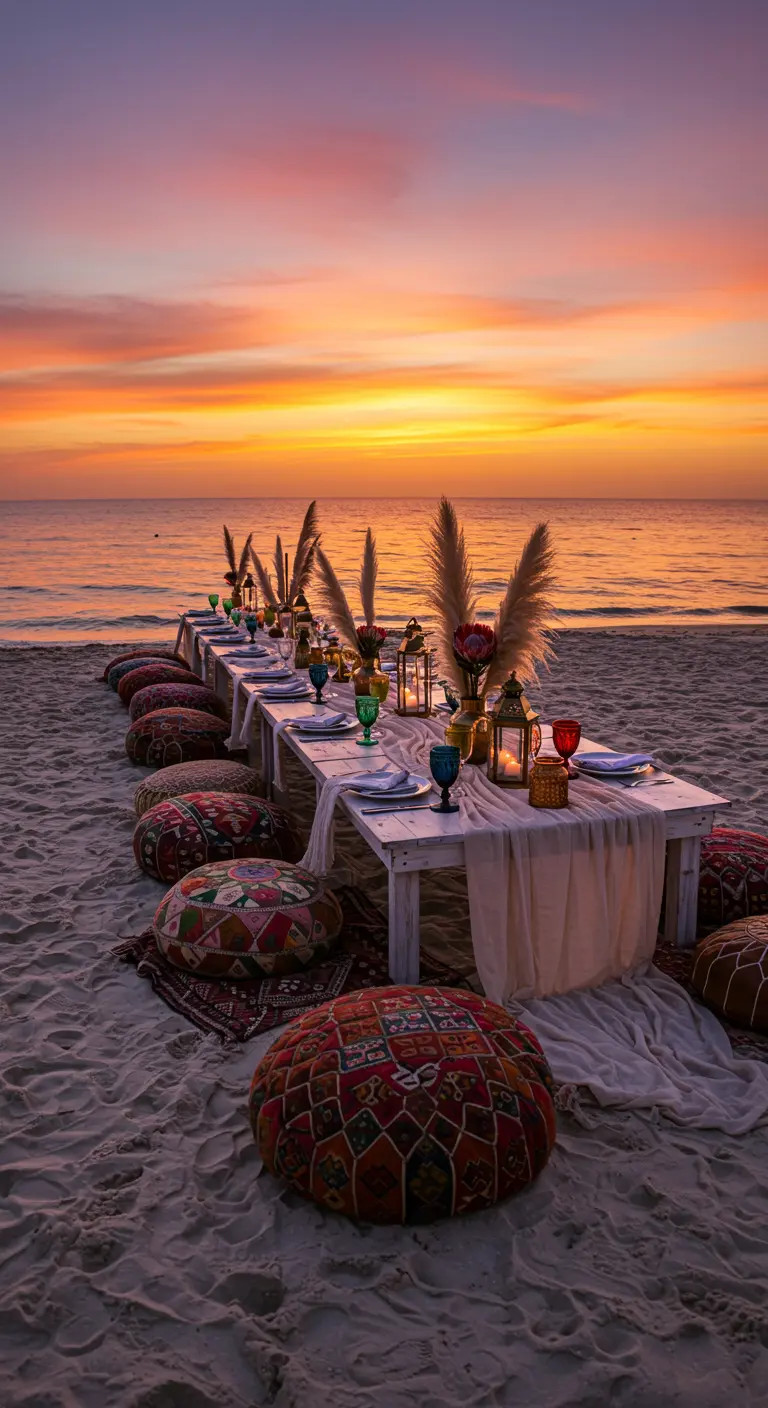 Lange, lage witte tafel op het strand met kleurrijke kussens tijdens zonsondergang.