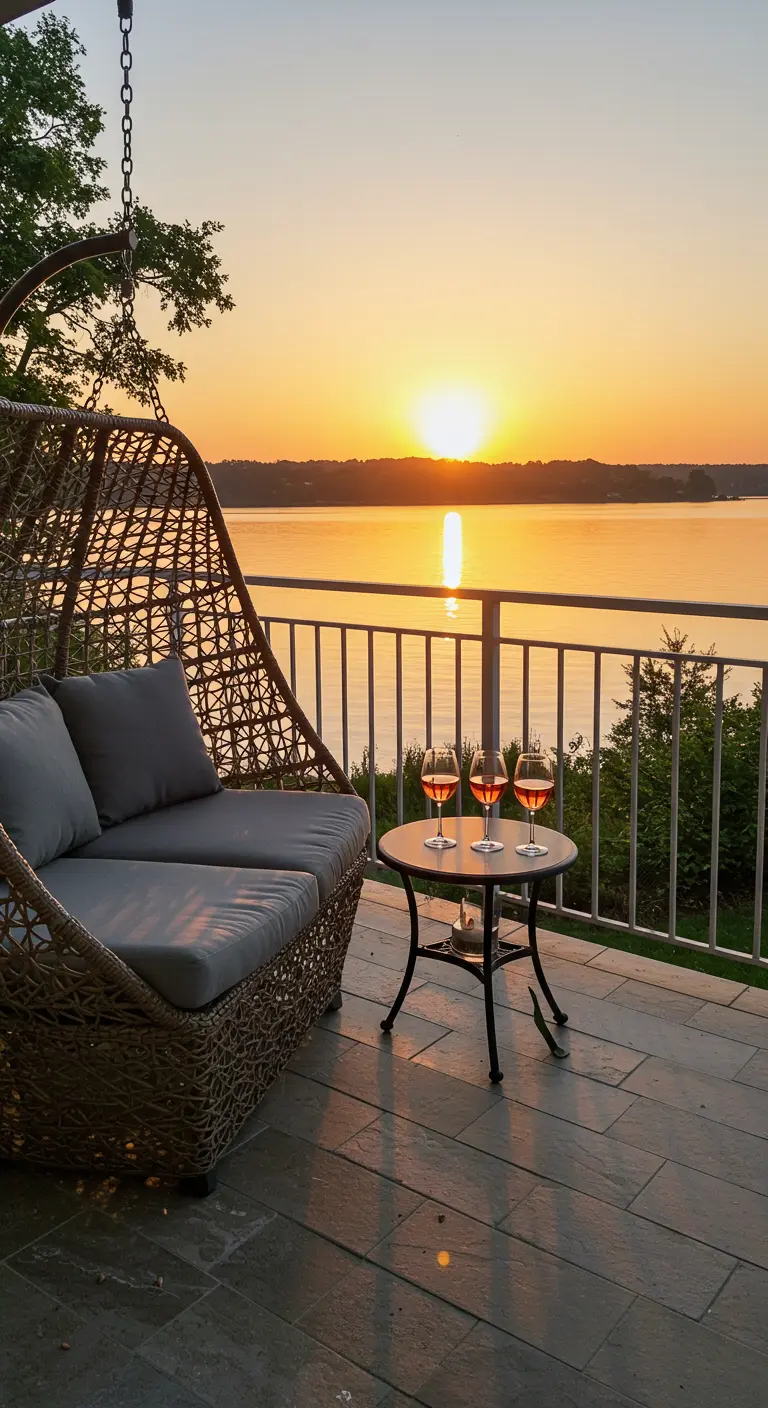Grote, dubbele hangstoel op een terras met uitzicht op een meer bij zonsondergang.