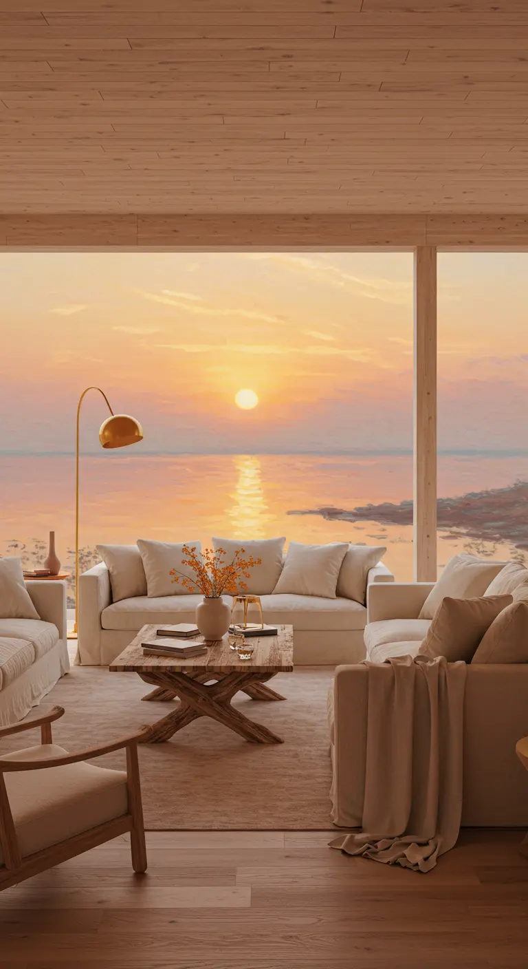 Zonnige woonkamer met lichte meubels en oranje accenten, uitzicht op zee bij zonsondergang