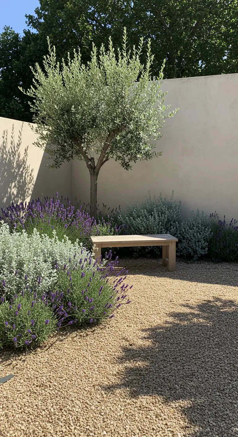 Minimalistische tuin met olijfboom, lavendel, grind en een houten bankje.