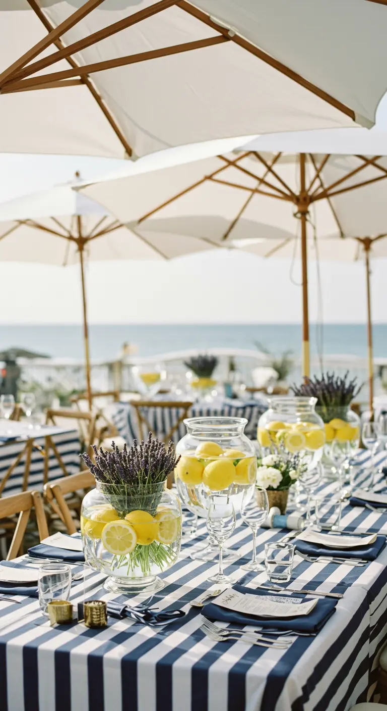 Tafel met blauw-wit gestreept laken, gedecoreerd met vazen vol citroenen en lavendel.