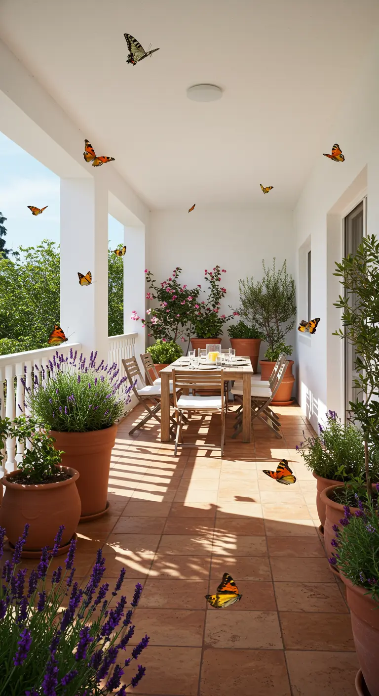 Ruim wit balkon met grote potten lavendel, een houten eettafel en rondvliegende vlinders.