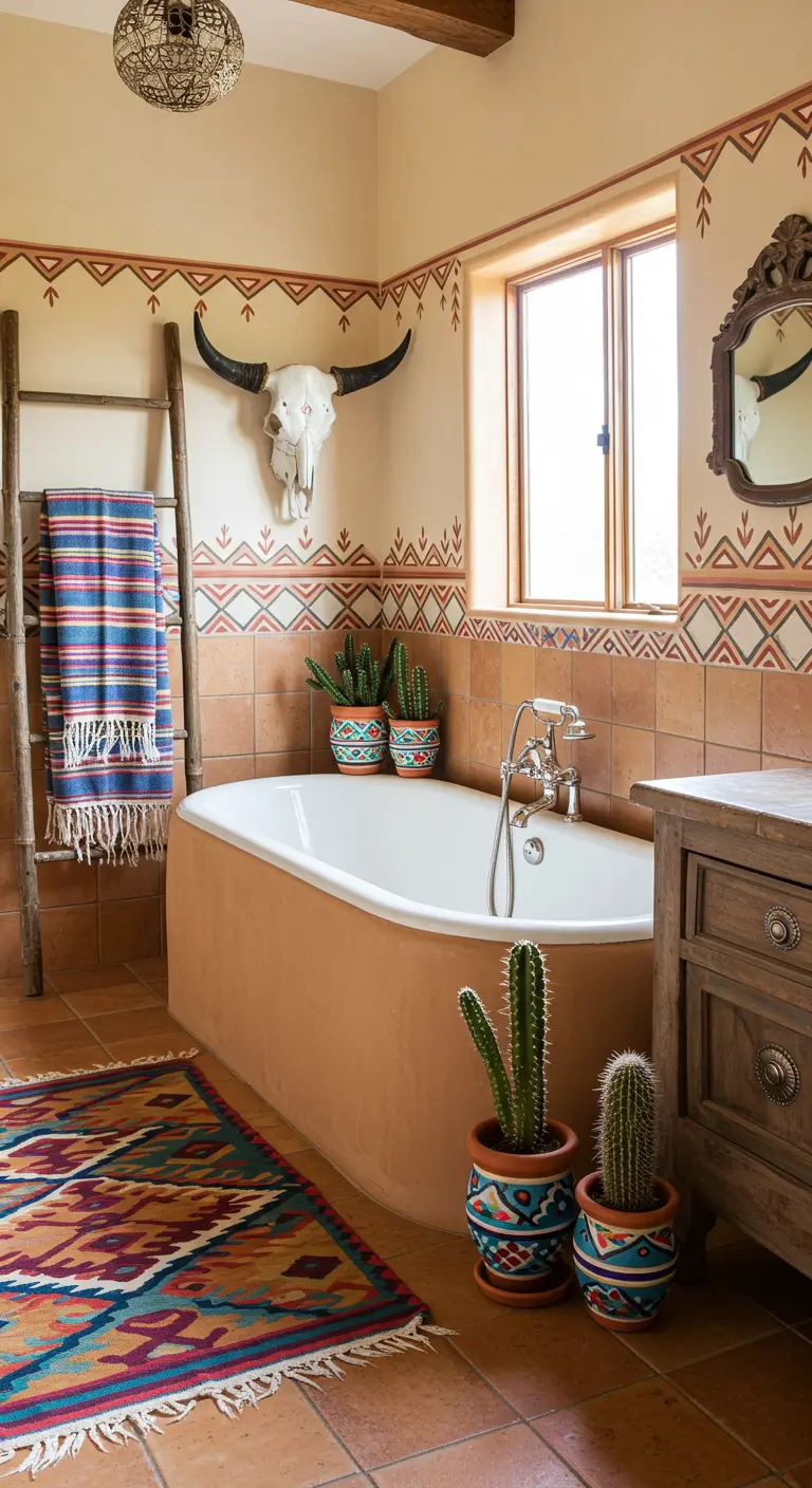 Badkamer in woestijnstijl met beschilderde patronen op de muur en cactussen.