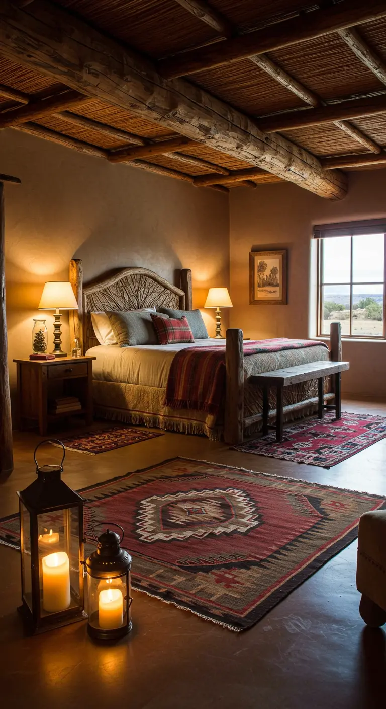 Slaapkamer in Zuidwestelijke stijl met zandkleurige muren, houten bed en een tapijt met tribal patroon.