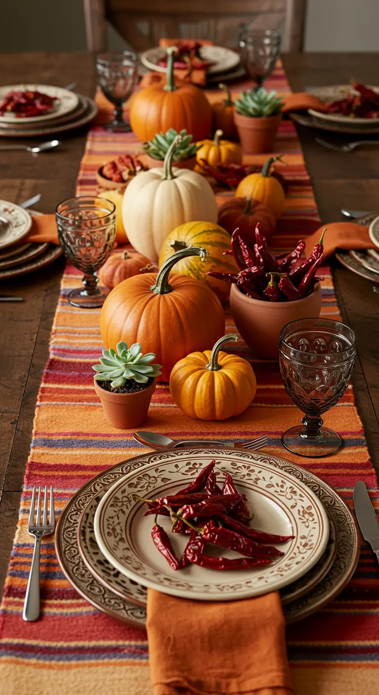 Herfsttafel met kleurrijke loper, pompoenen, vetplanten en gedroogde pepers.
