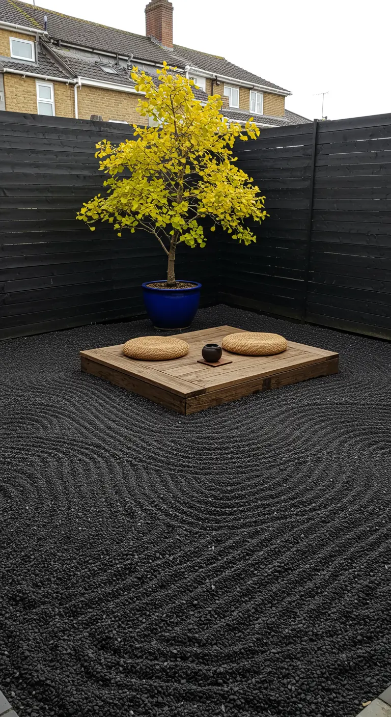 Tuin met zwarte schutting, zwarte kiezels en een houten platform met zitkussens.