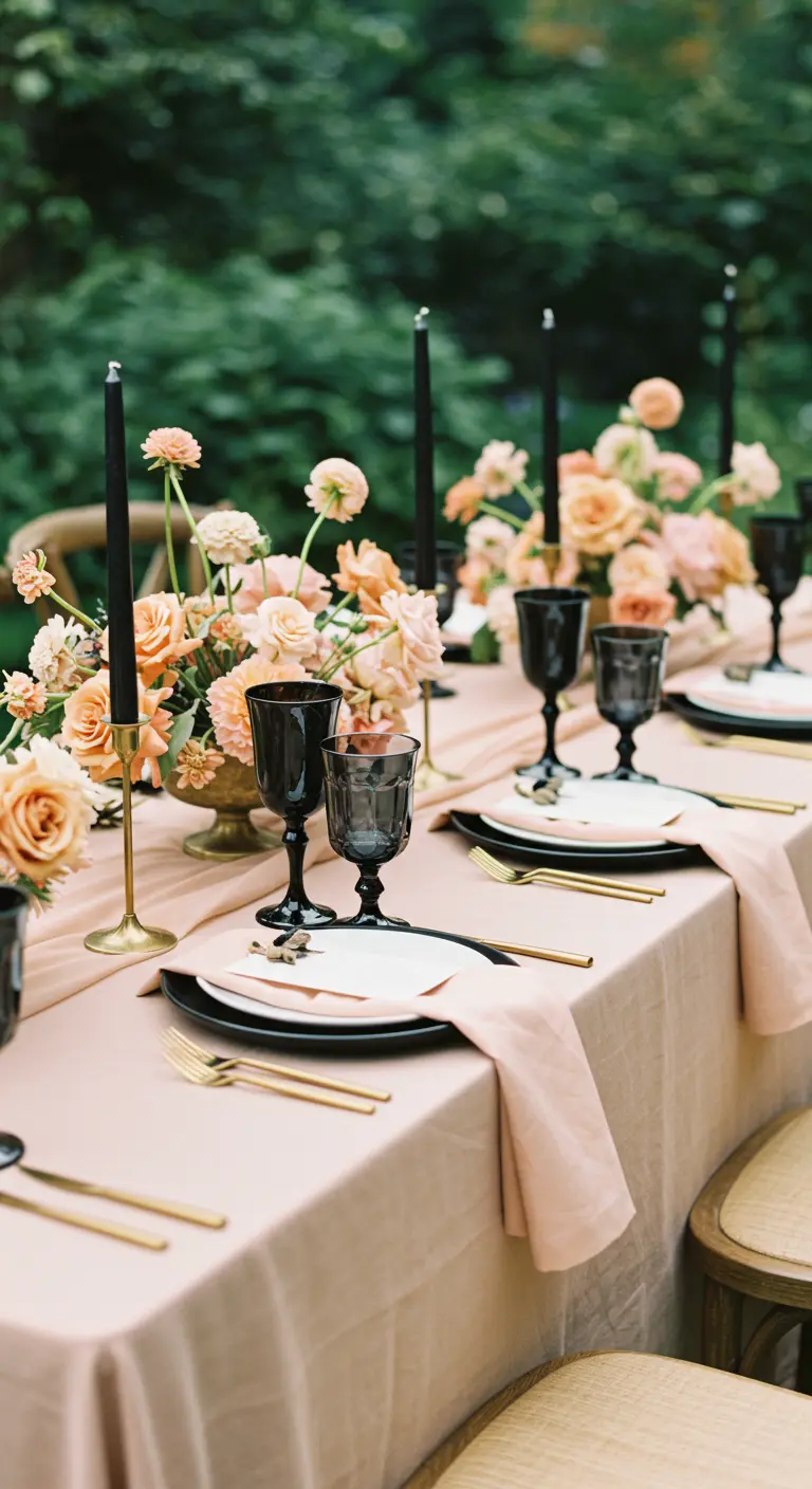 Elegant gedekte tuintafel met poederroze linnen, zwarte glazen en zwarte kaarsen.