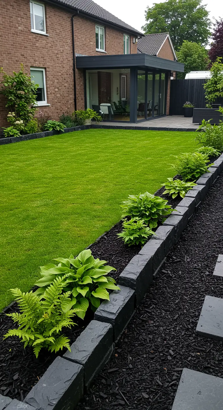 Moderne strakke border van zwarte stenen met felgroene hosta's en zwarte houtsnippers.