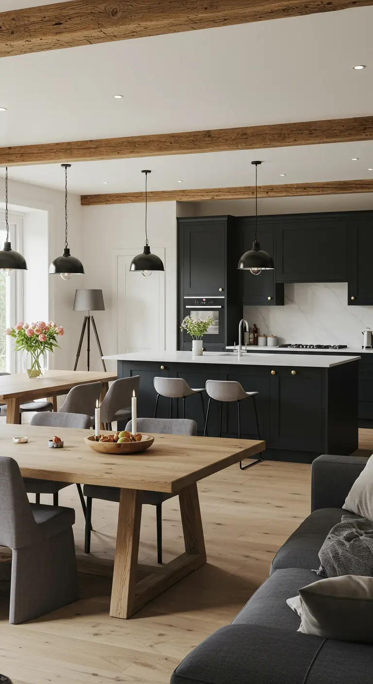 Open leefruimte met een zwarte keuken, houten eettafel en een grijze zithoek.