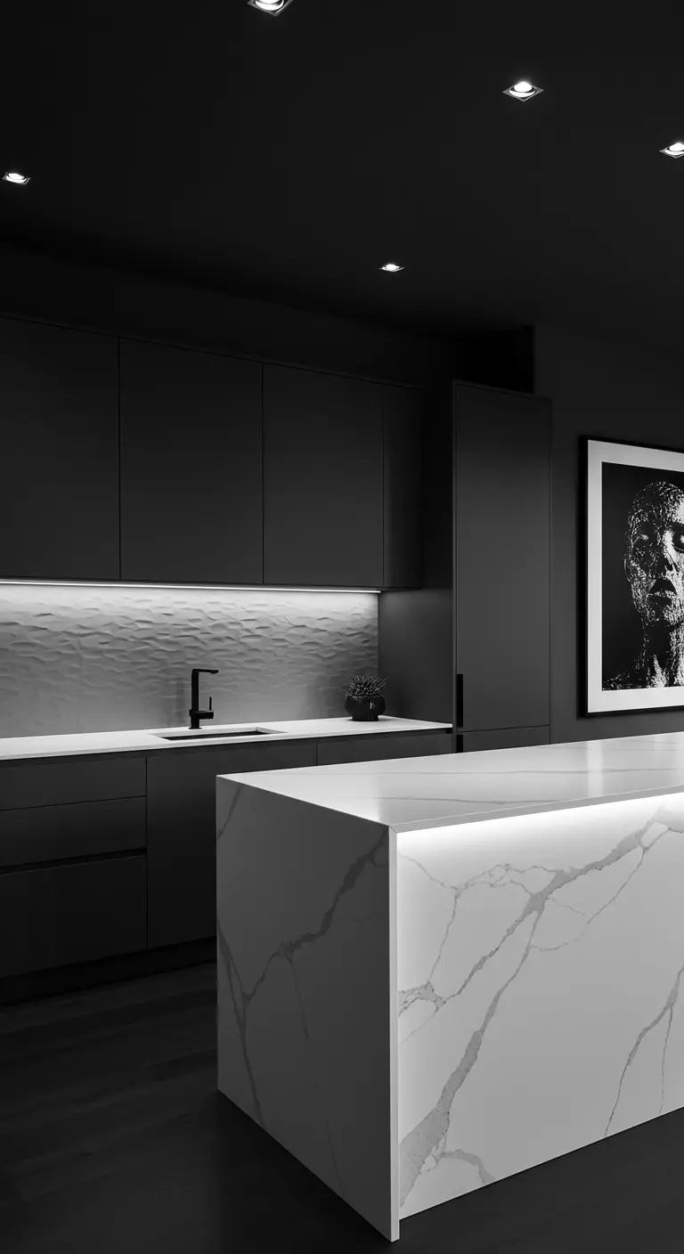 Zwarte keuken met wit marmeren eiland, subtiele verlichting en zwart-wit kunst.