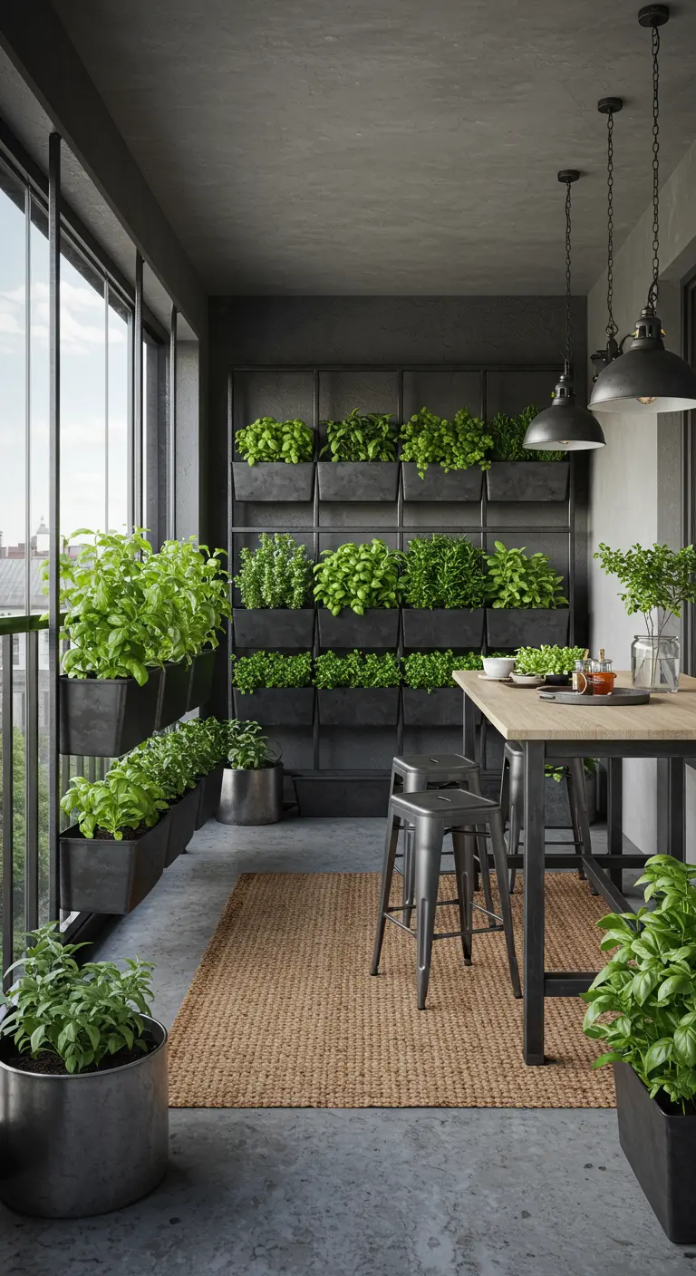 Modern balkon met strakke zwarte verticale kruidenwand en houten bar met barkrukken.