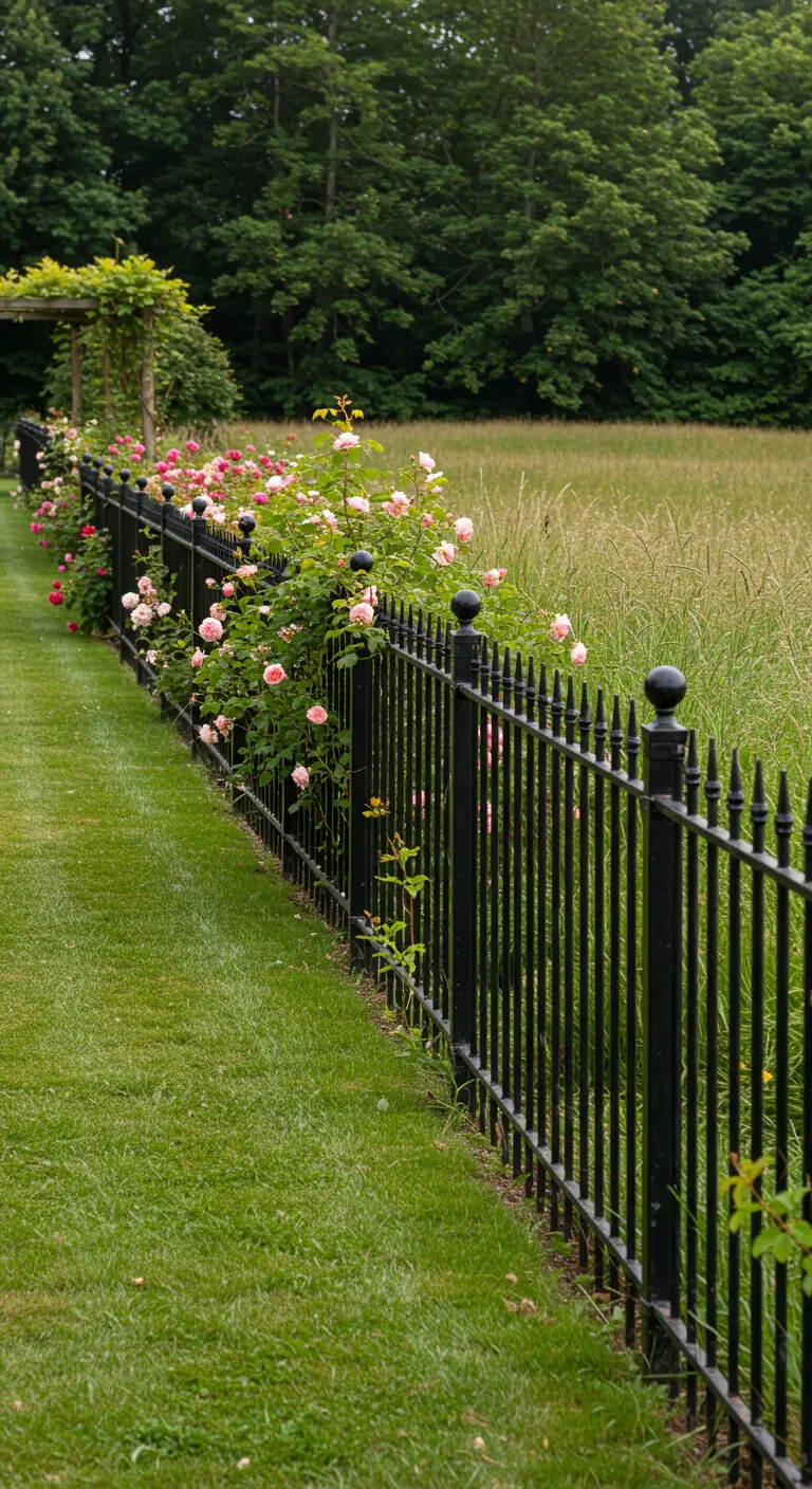 Zwart metalen sierhek waar zachtroze rozenstruiken doorheen groeien, grenzend aan een grasveld.