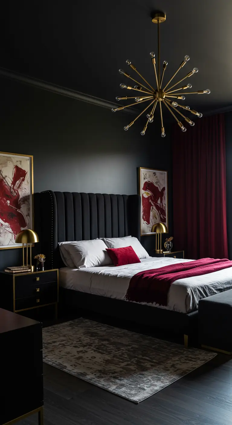 Donkere slaapkamer met zwart hoofdbord, rode fluwelen gordijnen en gouden sputnik-lamp.