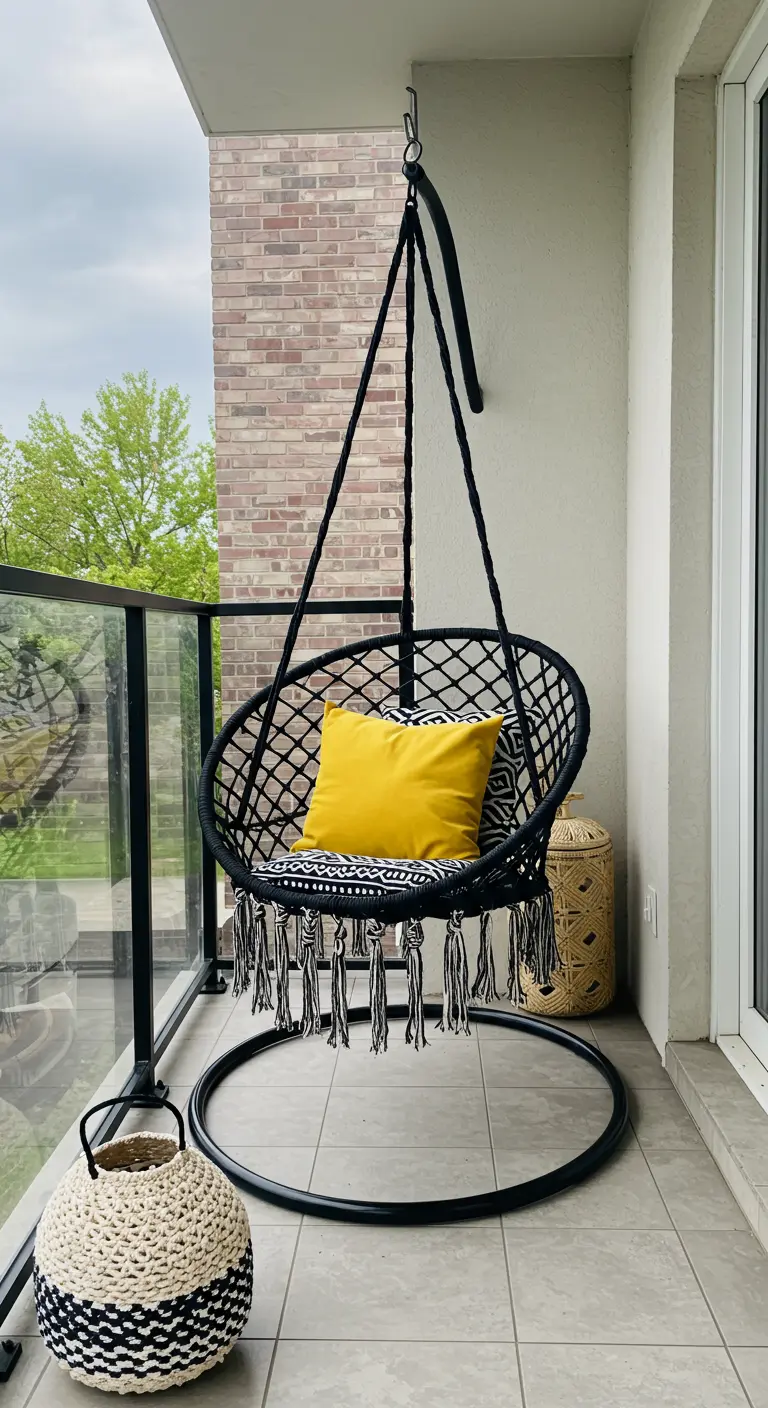 Zwarte hangstoel met een felgeel kussen op een modern balkon.