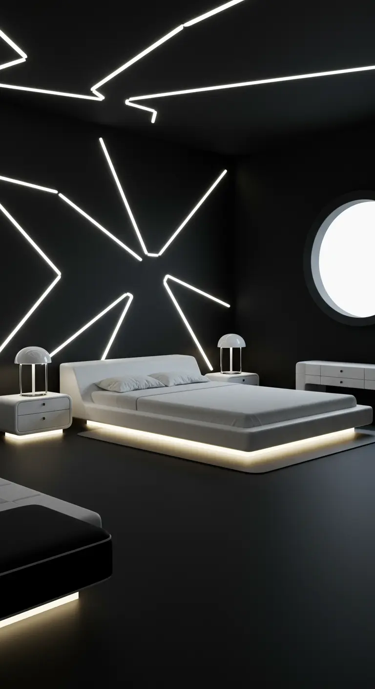Zwarte slaapkamer met witte geometrische LED-lijnen, zwevend bed en een rond raam.