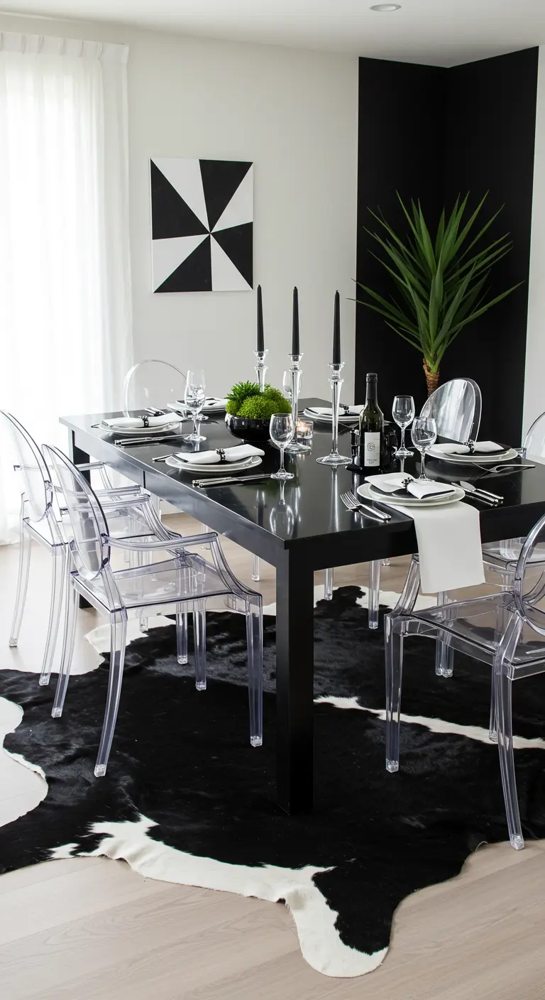 Moderne eetkamer met zwarte tafel, transparante stoelen en een zwart-wit dierenhuidkleed.