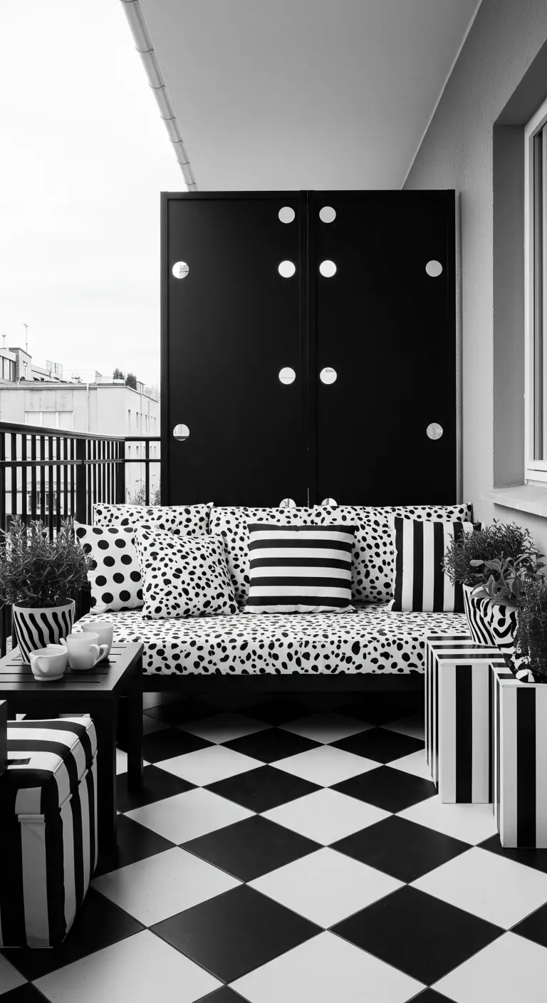 Speels zwart-wit balkon met geblokte vloer en een mix van gestipte en gestreepte patronen.