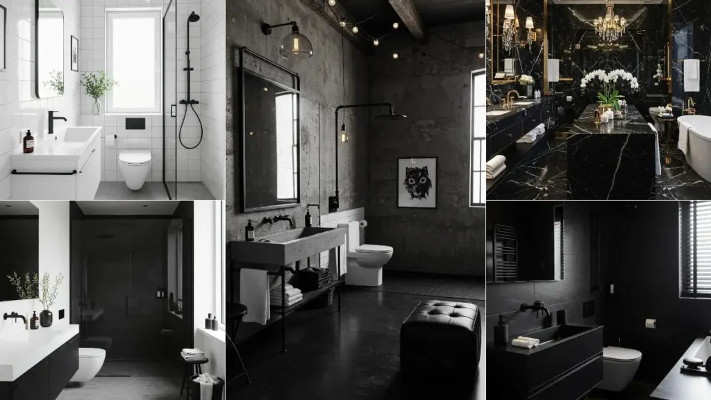 Een collage van moderne zwart-wit badkamers met stijlvolle ontwerpen en contrast.
