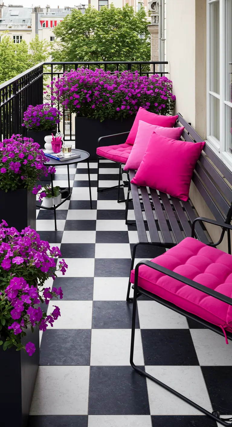 Balkon met zwart-witte tegelvloer, zwarte meubels en knalroze kussens en bloemen.