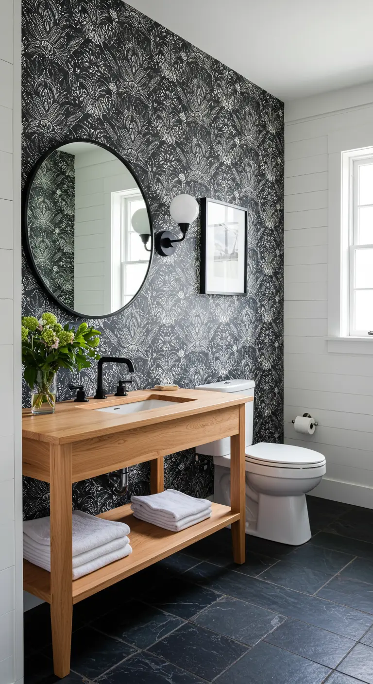 Badkamer met een zwart-wit damast behang, een ronde spiegel en een eikenhouten wastafelmeubel.
