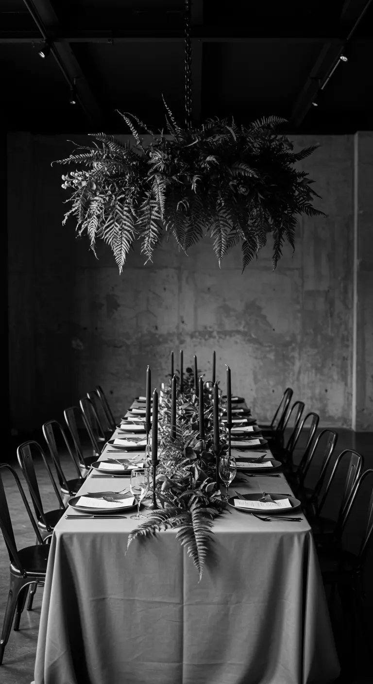 Zwart-wit foto van een dramatisch gedekte tafel met zwarte kaarsen, veel varens en een hangende groeninstallatie.