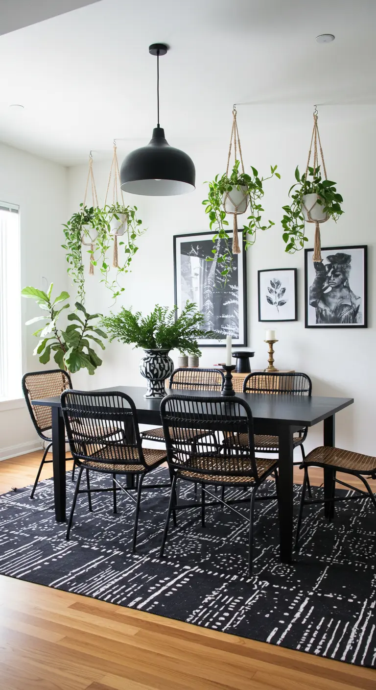 Moderne eetkamer met een zwarte tafel, zwarte rotan stoelen en zwart-witte kunst aan de muur.