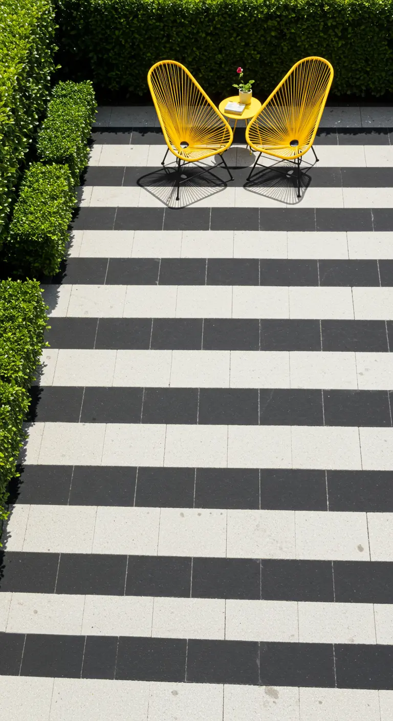 Terras met brede zwart-witte strepen en twee felgele Acapulco stoelen.