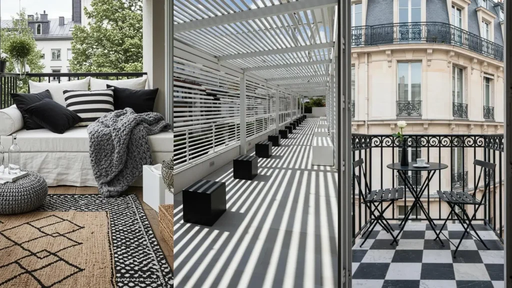 Drie voorbeelden van stijlvolle zwart-wit balkon styling met contrastrijke meubels en patronen.