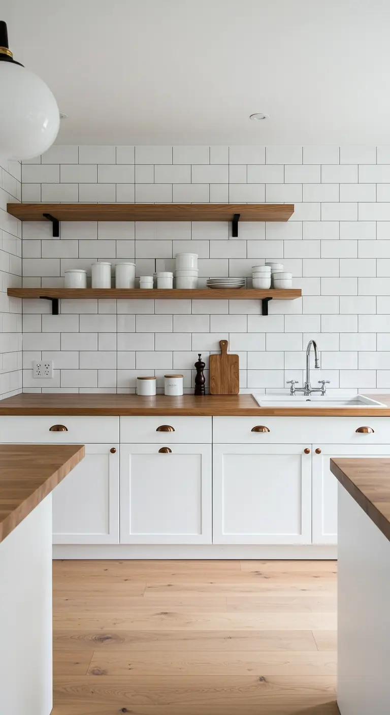 Witte keuken met houten werkbladen en open planken op zwarte metalen beugels.
