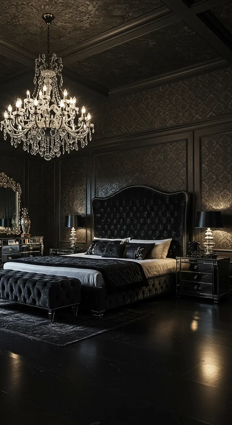 Elegante zwarte slaapkamer met tuftbed, kristallen kroonluchter en donker patroonplafond.