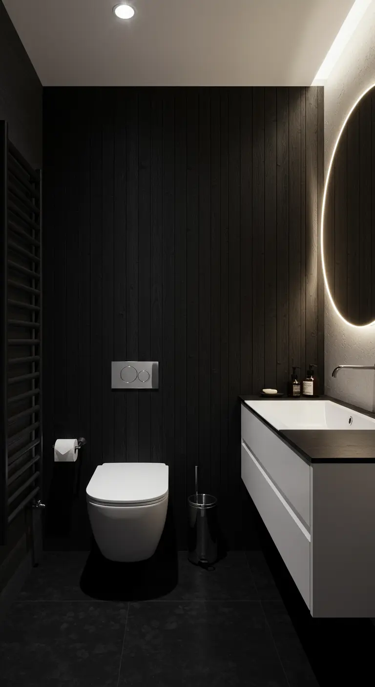 Moderne zwarte badkamer met houten lattenwand en een ronde spiegel met verlichting.
