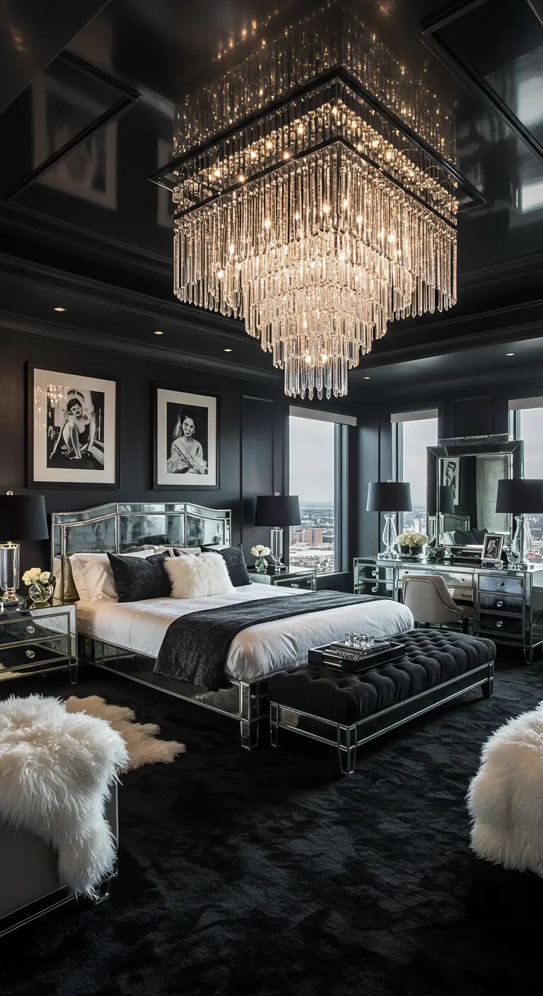 Zwarte slaapkamer met spiegelbed, spiegelmeubels, een grote kristallen kroonluchter en witte vachtjes.