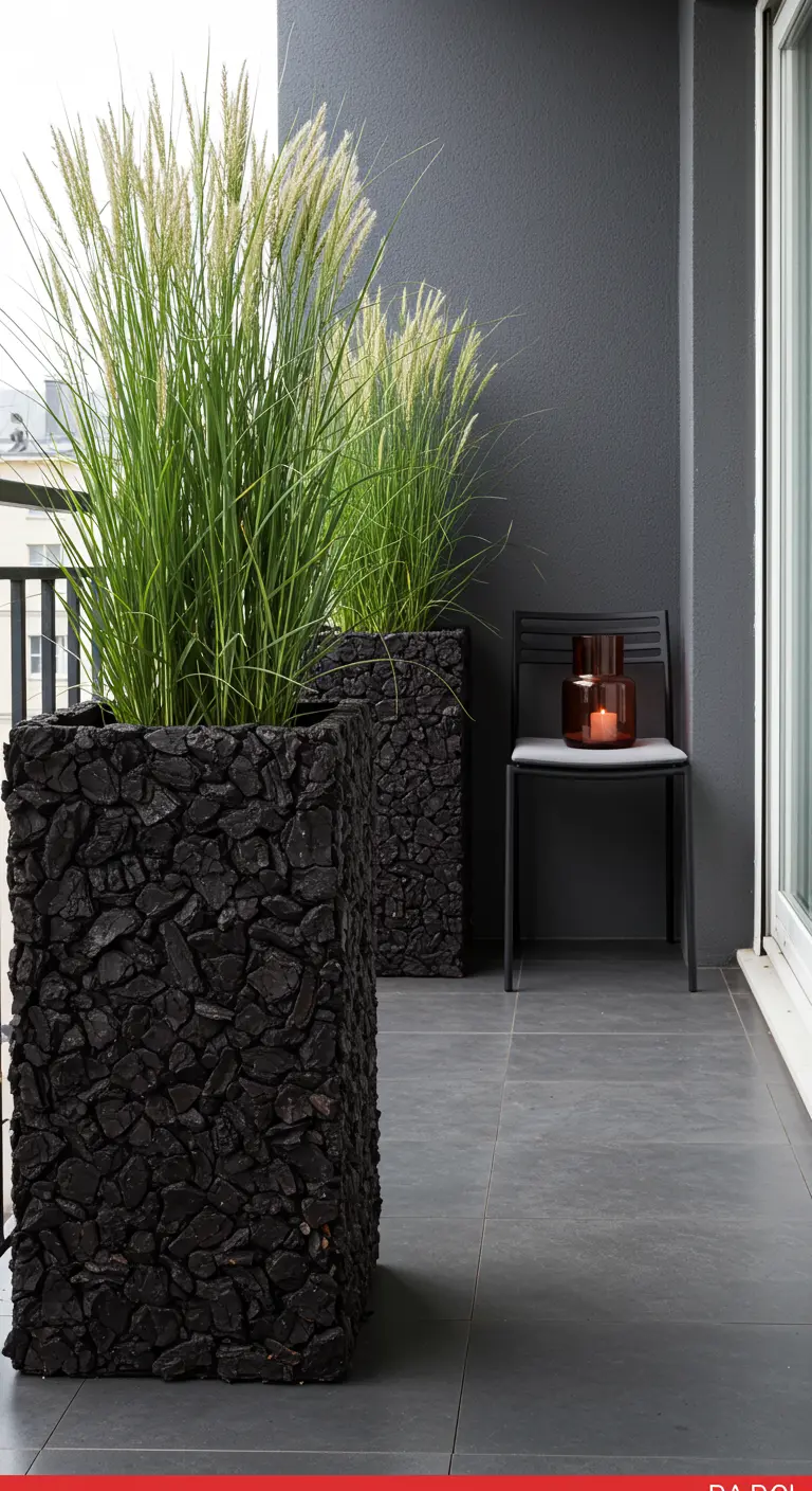 Hoge, vierkante plantenbakken bekleed met donkere boomschors op een balkon.